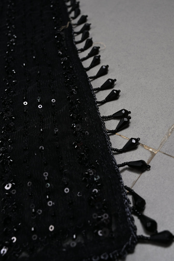 Black Net Saree with Vertical Stripes Embellishments and Dangling Beads Border | SHOBITAM