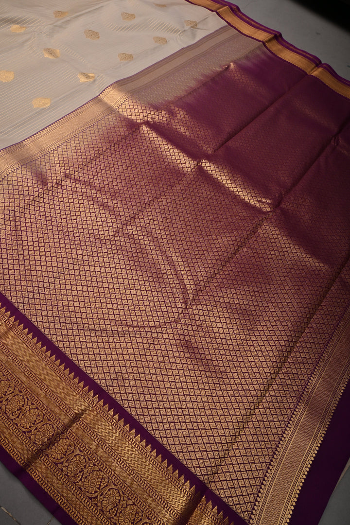 Sage Green Vertical Zari Stripes on Kanjivaram Soft Semi Silk Saree with Zari Buttas and Contrast Zari Border | SHOBITAM