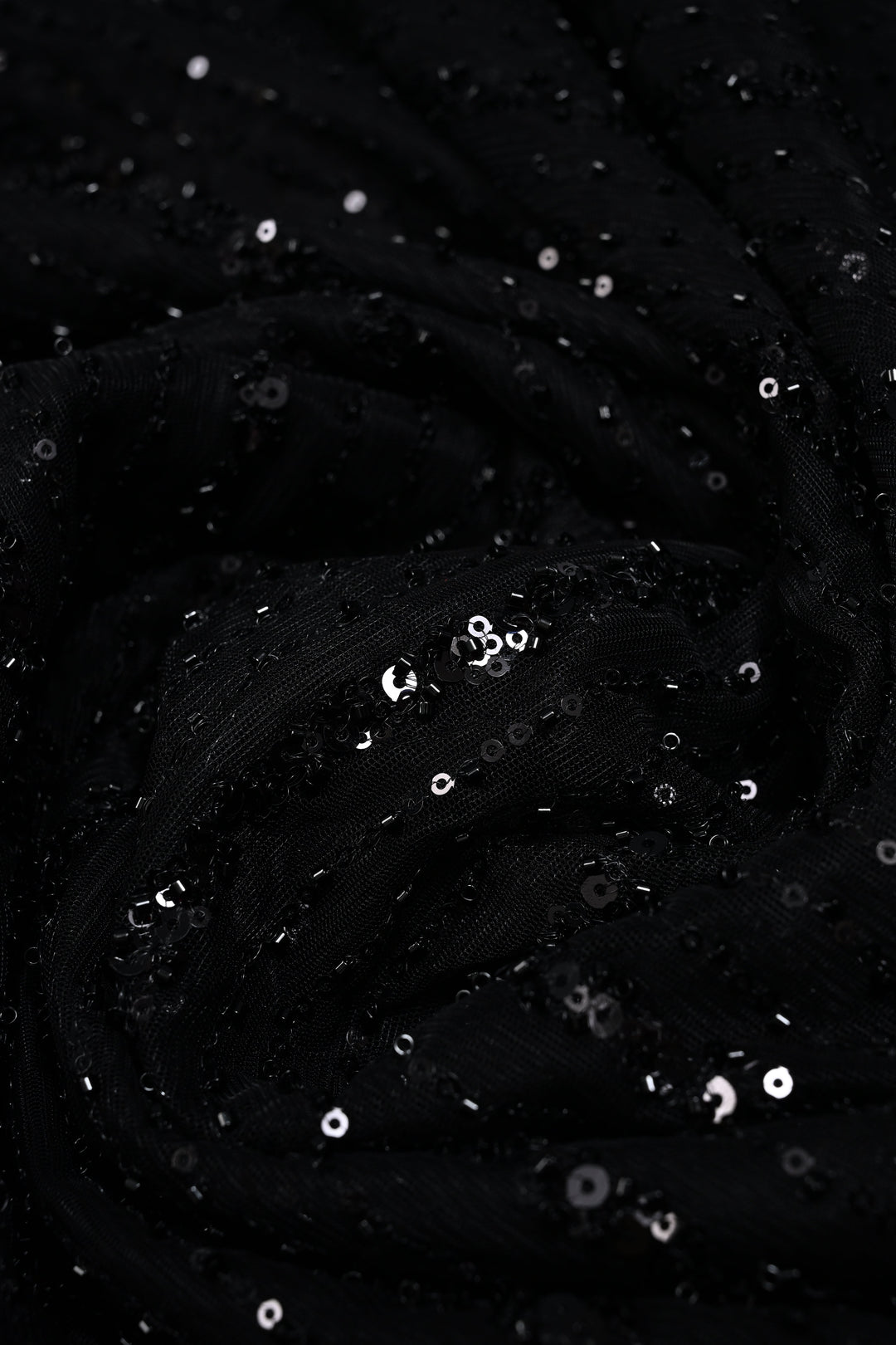 Black Net Saree with Vertical Stripes Embellishments and Dangling Beads Border | SHOBITAM