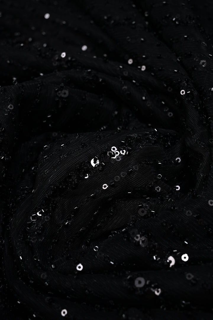 Black Net Saree with Vertical Stripes Embellishments and Dangling Beads Border | SHOBITAM