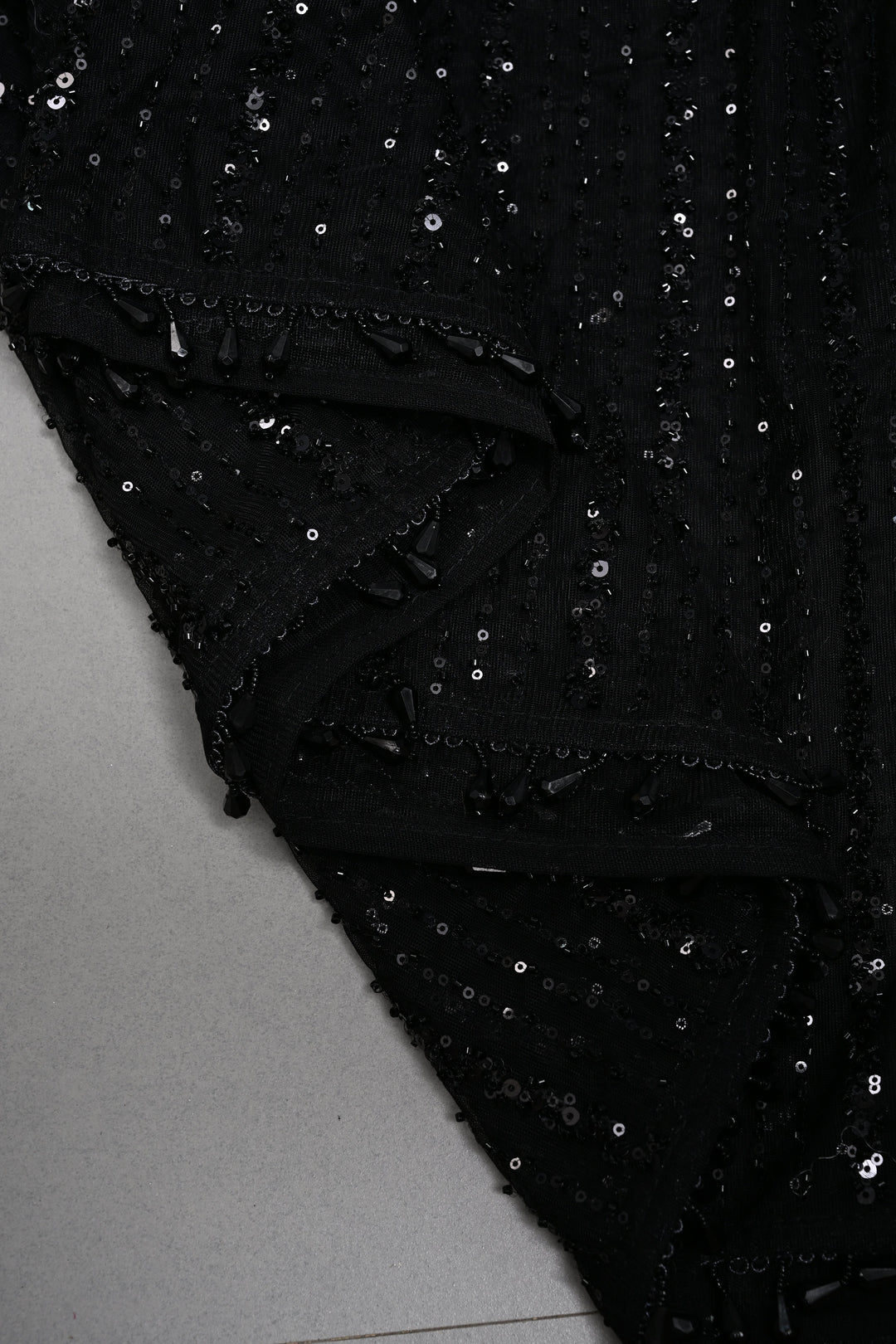 Black Net Saree with Vertical Stripes Embellishments and Dangling Beads Border | SHOBITAM