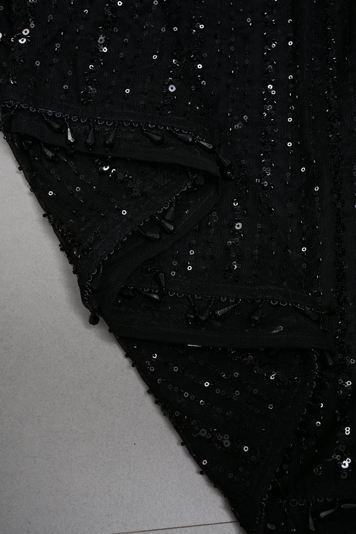 Black Net Saree with Vertical Stripes Embellishments and Dangling Beads Border | SHOBITAM