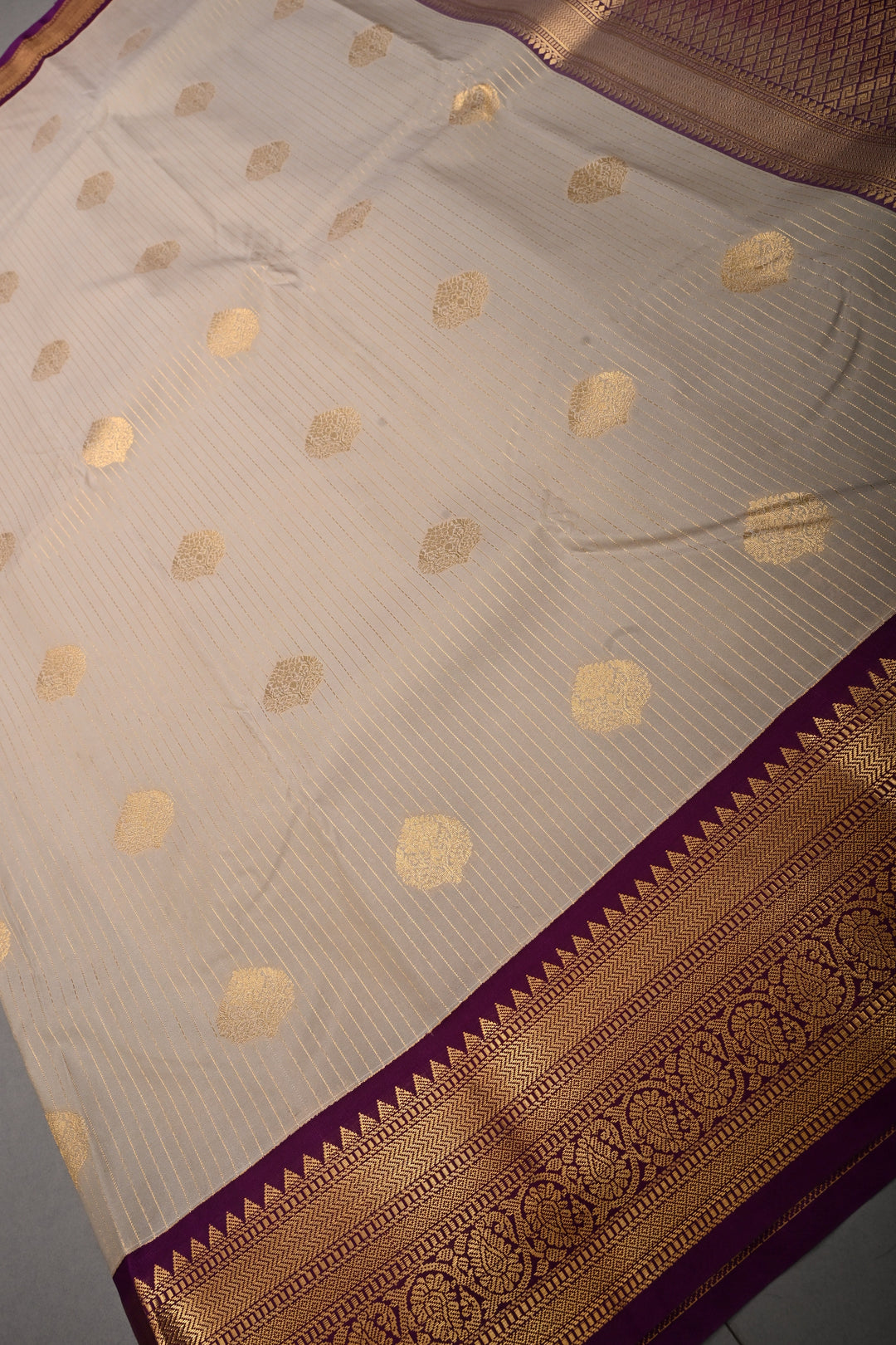 Sage Green Vertical Zari Stripes on Kanjivaram Soft Semi Silk Saree with Zari Buttas and Contrast Zari Border | SHOBITAM