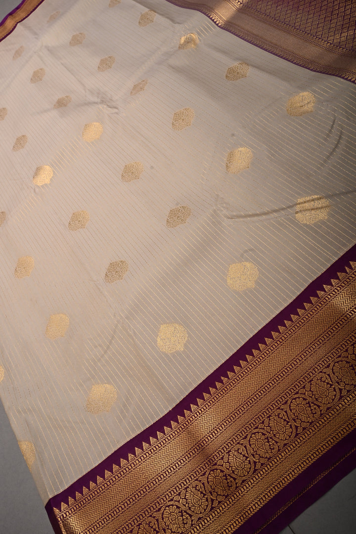 Sage Green Vertical Zari Stripes on Kanjivaram Soft Semi Silk Saree with Zari Buttas and Contrast Zari Border | SHOBITAM
