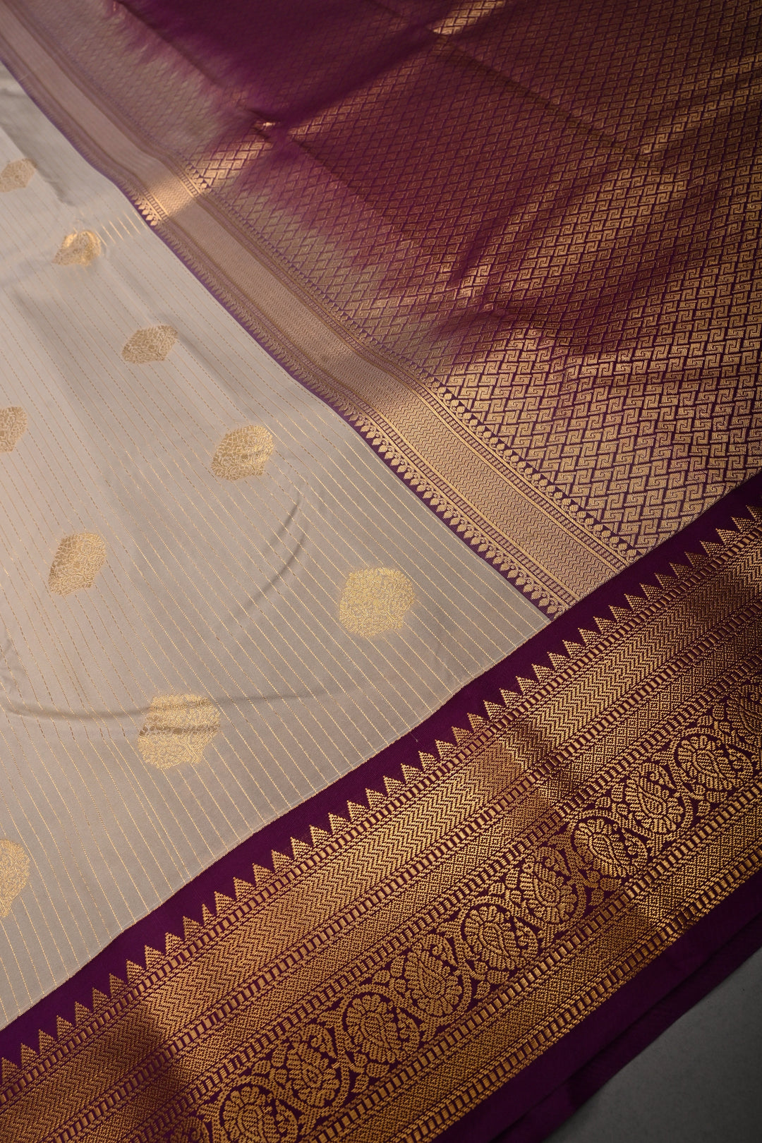 Sage Green Vertical Zari Stripes on Kanjivaram Soft Semi Silk Saree with Zari Buttas and Contrast Zari Border | SHOBITAM