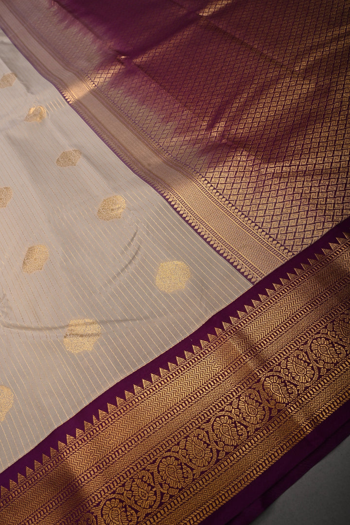Sage Green Vertical Zari Stripes on Kanjivaram Soft Semi Silk Saree with Zari Buttas and Contrast Zari Border | SHOBITAM