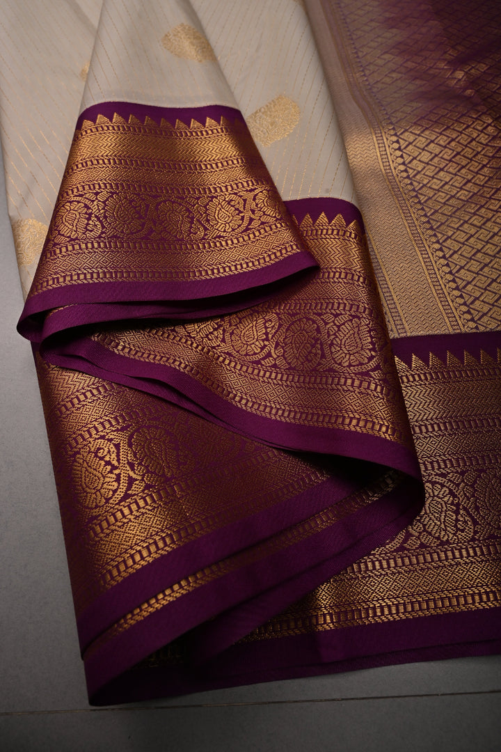 Sage Green Vertical Zari Stripes on Kanjivaram Soft Semi Silk Saree with Zari Buttas and Contrast Zari Border | SHOBITAM