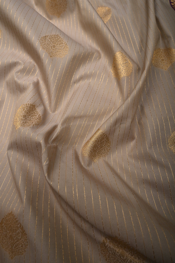 Sage Green Vertical Zari Stripes on Kanjivaram Soft Semi Silk Saree with Zari Buttas and Contrast Zari Border | SHOBITAM