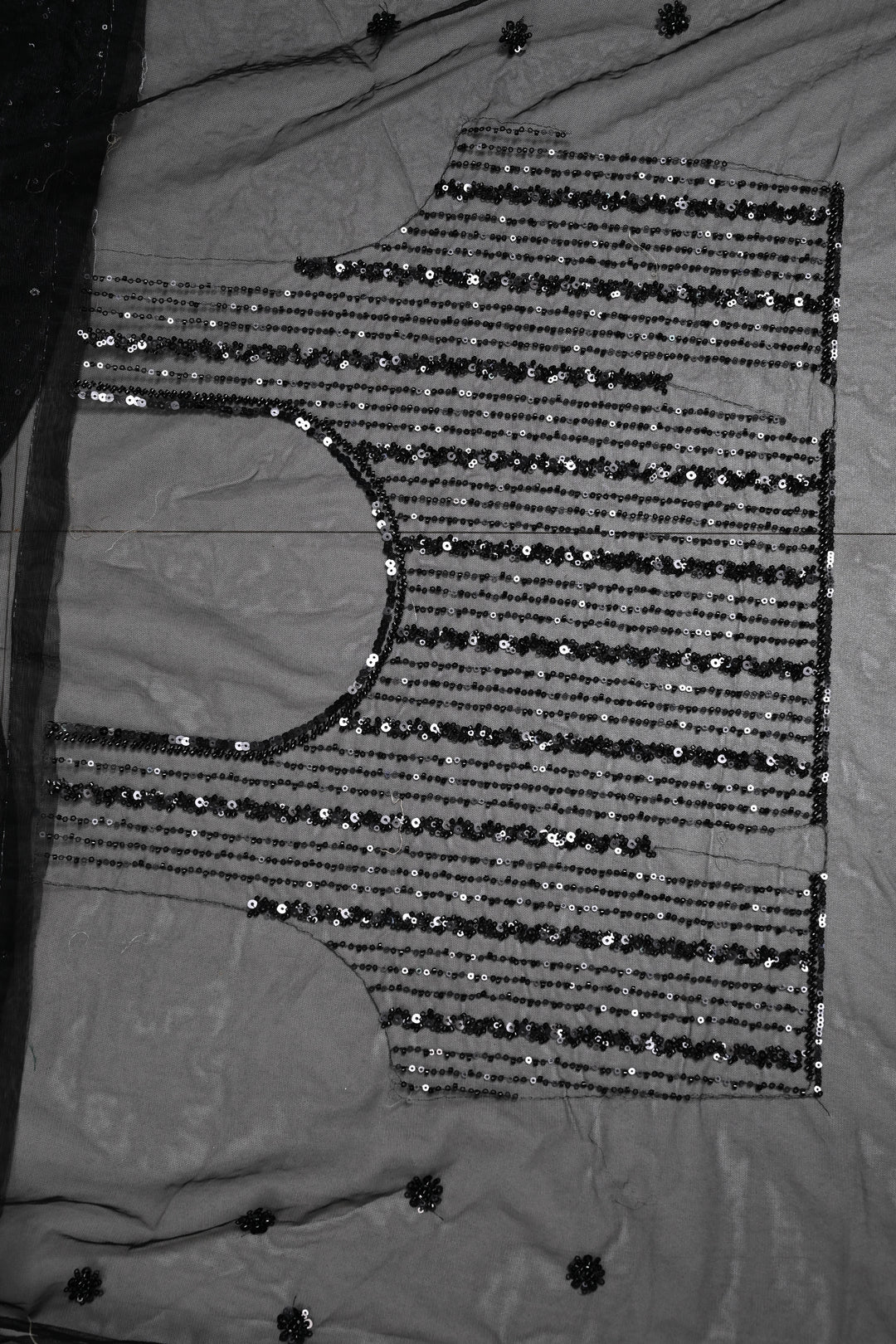 Black Net Saree with Vertical Stripes Embellishments and Dangling Beads Border | SHOBITAM