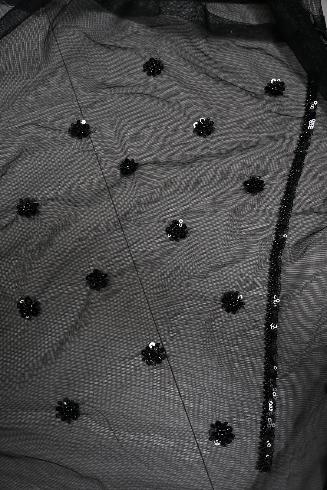 Black Net Saree with Vertical Stripes Embellishments and Dangling Beads Border | SHOBITAM