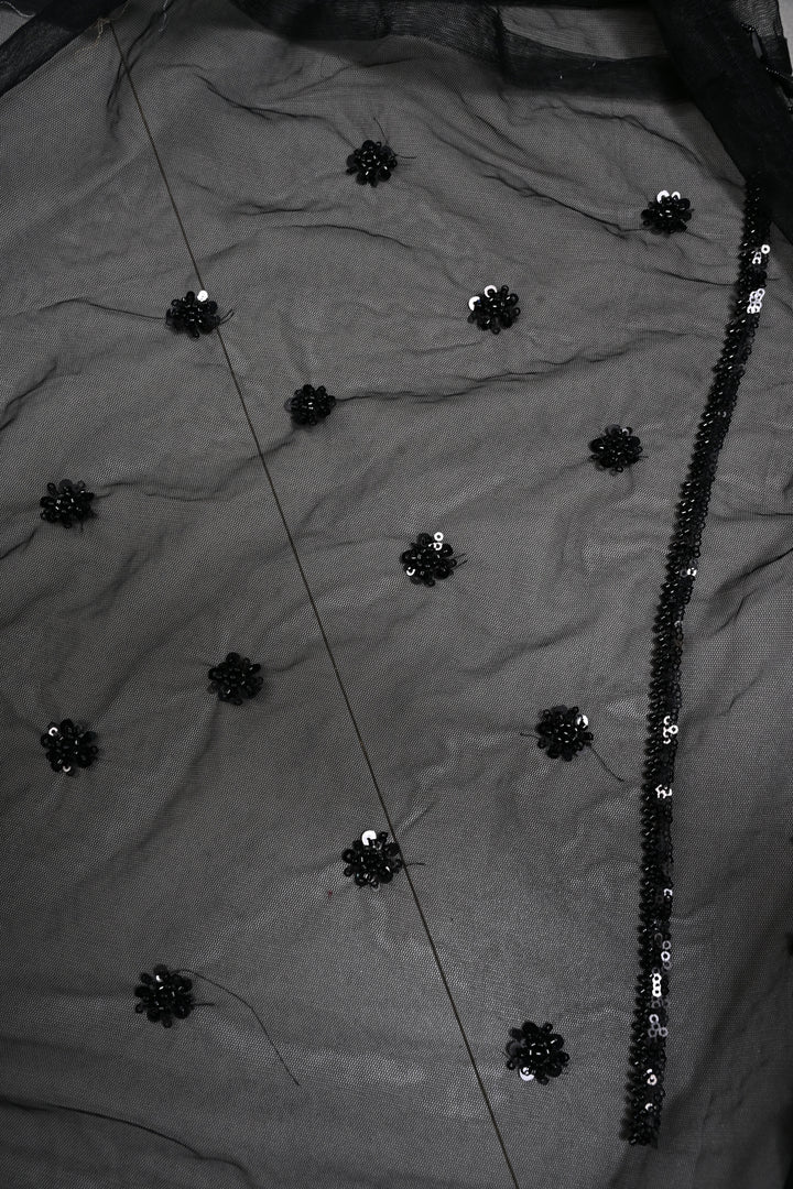 Black Net Saree with Vertical Stripes Embellishments and Dangling Beads Border | SHOBITAM