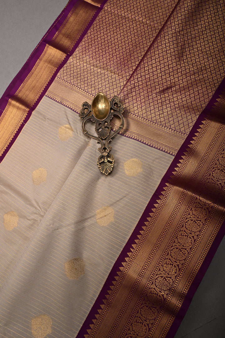 Sage Green Vertical Zari Stripes on Kanjivaram Soft Semi Silk Saree with Zari Buttas and Contrast Zari Border | SHOBITAM