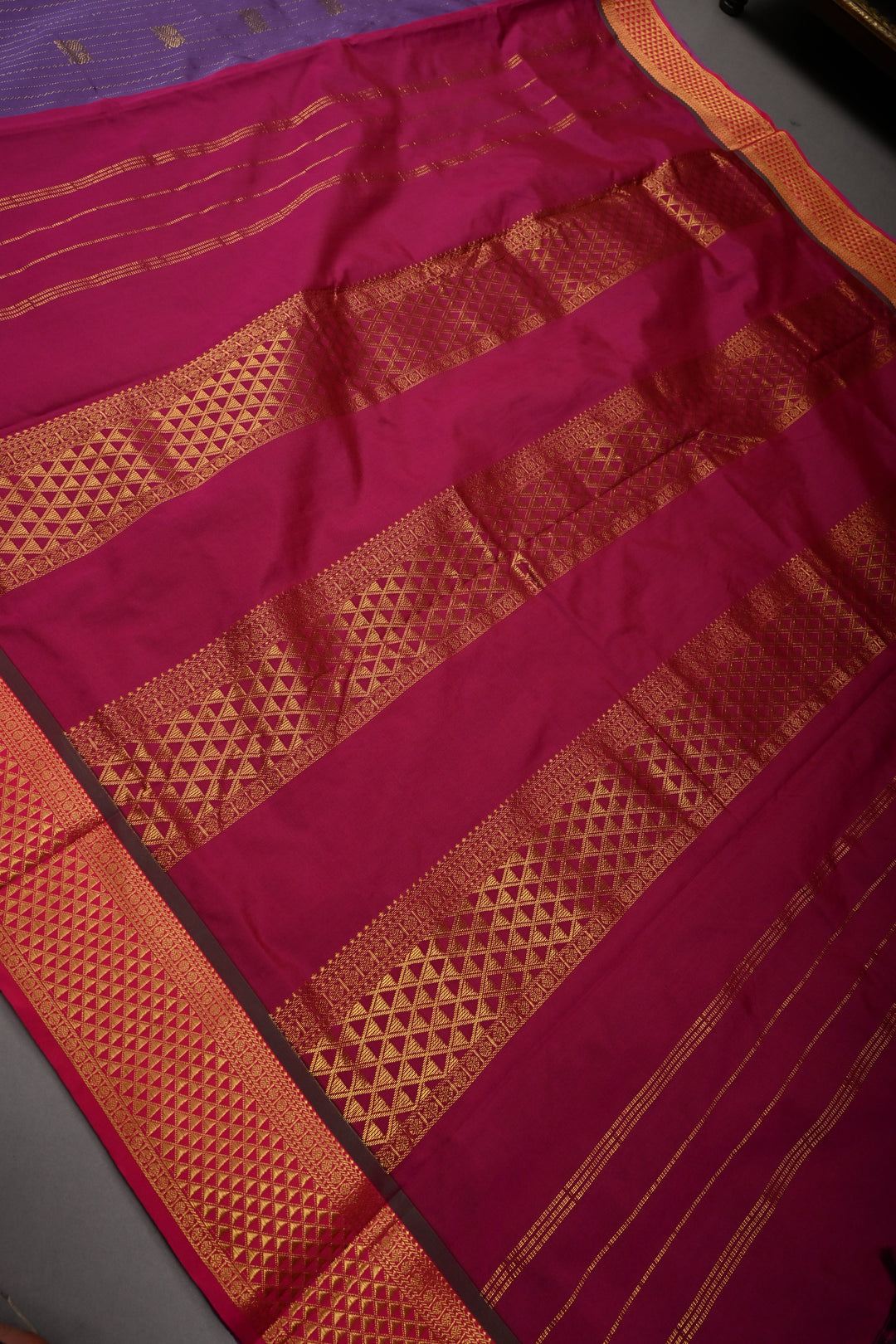 Dusty Purple Vertical Zari Stripes on 9 Yards Madisar Kanjivaram Soft Semi Silk Saree with Zari Buttas and Contrast Zari Border | SHOBITAM