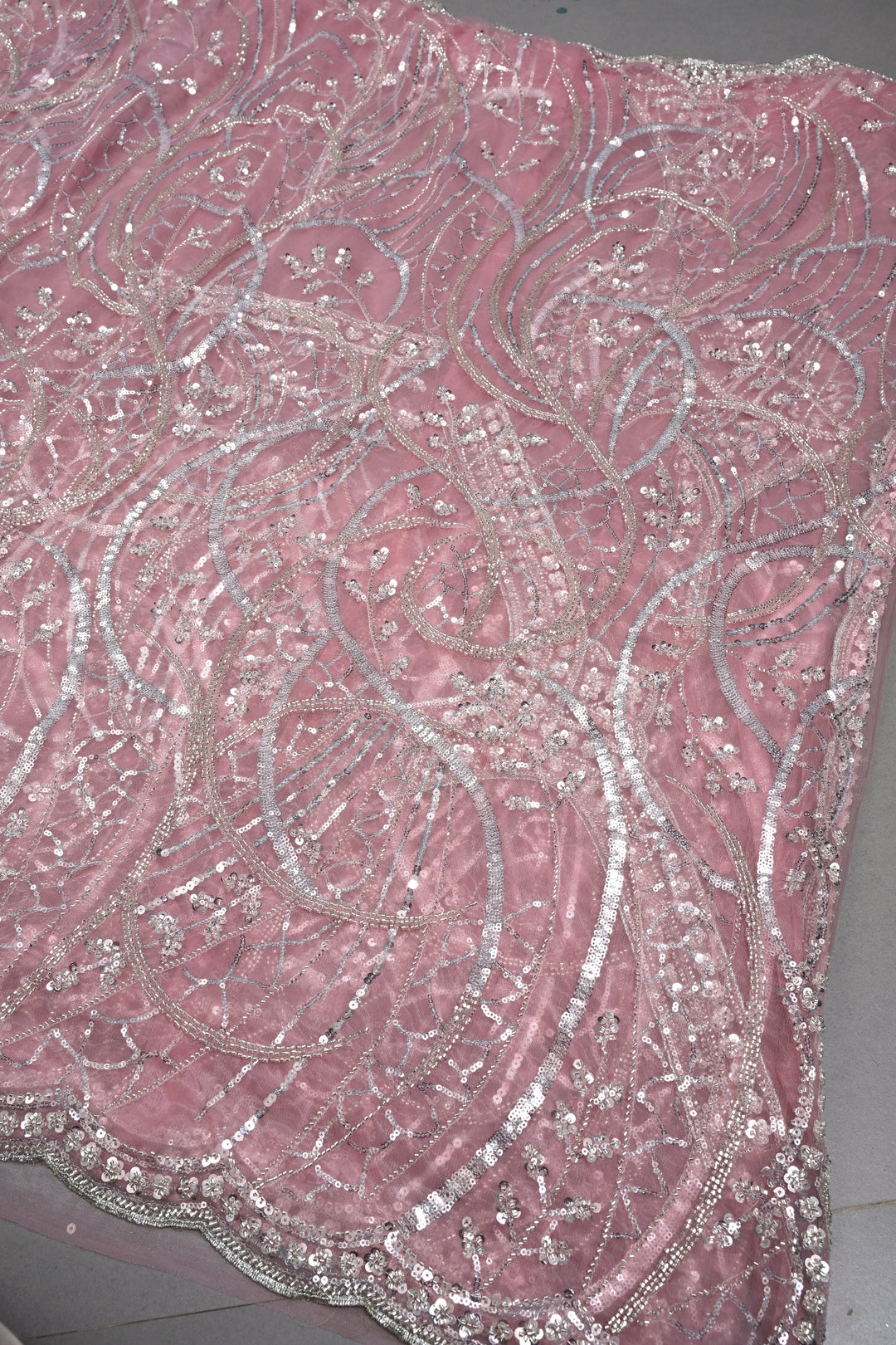 Pink  Sequins, Cutdana, on Net Saree with Scallop Border | Shobitam