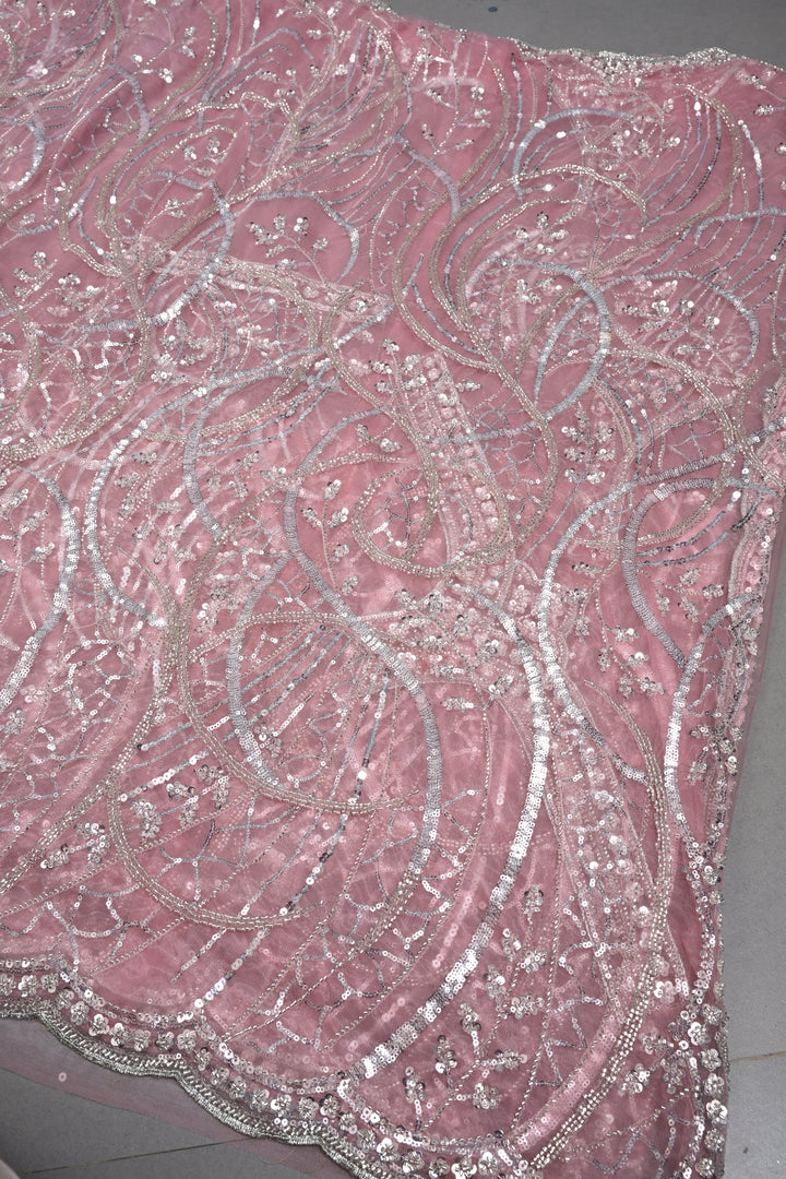 Pink  Sequins, Cutdana, on Net Saree with Scallop Border | Shobitam