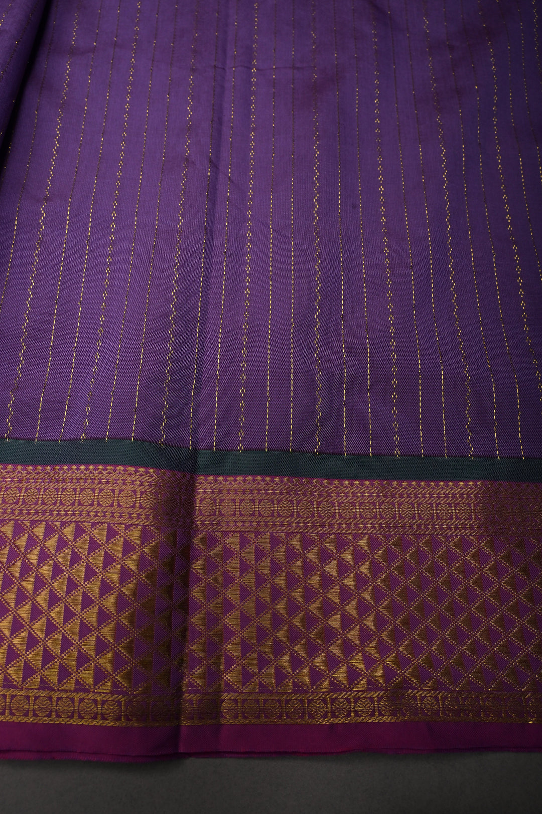 Dusty Purple Vertical Zari Stripes on 9 Yards Madisar Kanjivaram Soft Semi Silk Saree with Zari Buttas and Contrast Zari Border | SHOBITAM