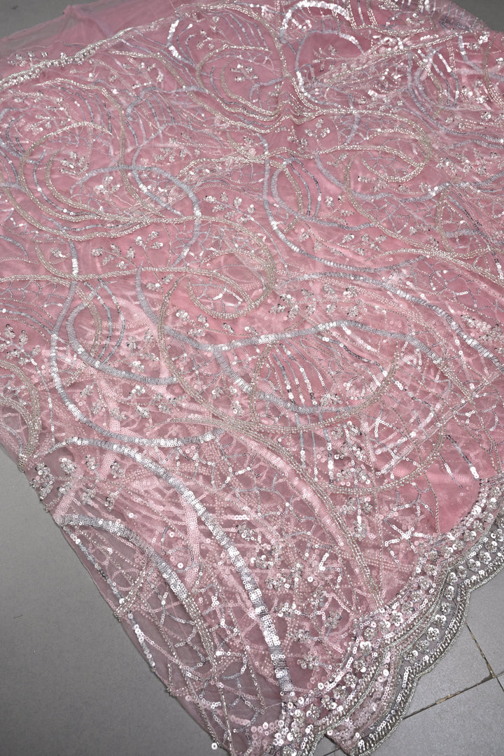 Pink  Sequins, Cutdana, on Net Saree with Scallop Border | Shobitam