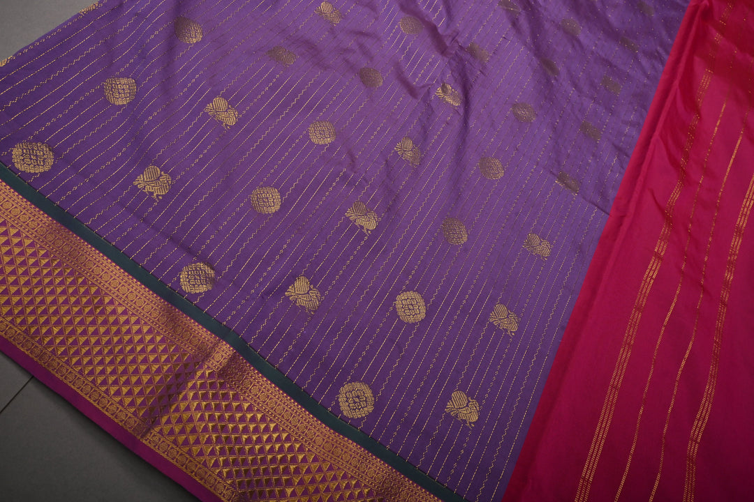 Dusty Purple Vertical Zari Stripes on 9 Yards Madisar Kanjivaram Soft Semi Silk Saree with Zari Buttas and Contrast Zari Border | SHOBITAM