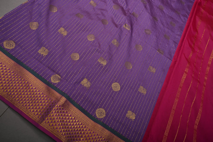 Dusty Purple Vertical Zari Stripes on 9 Yards Madisar Kanjivaram Soft Semi Silk Saree with Zari Buttas and Contrast Zari Border | SHOBITAM