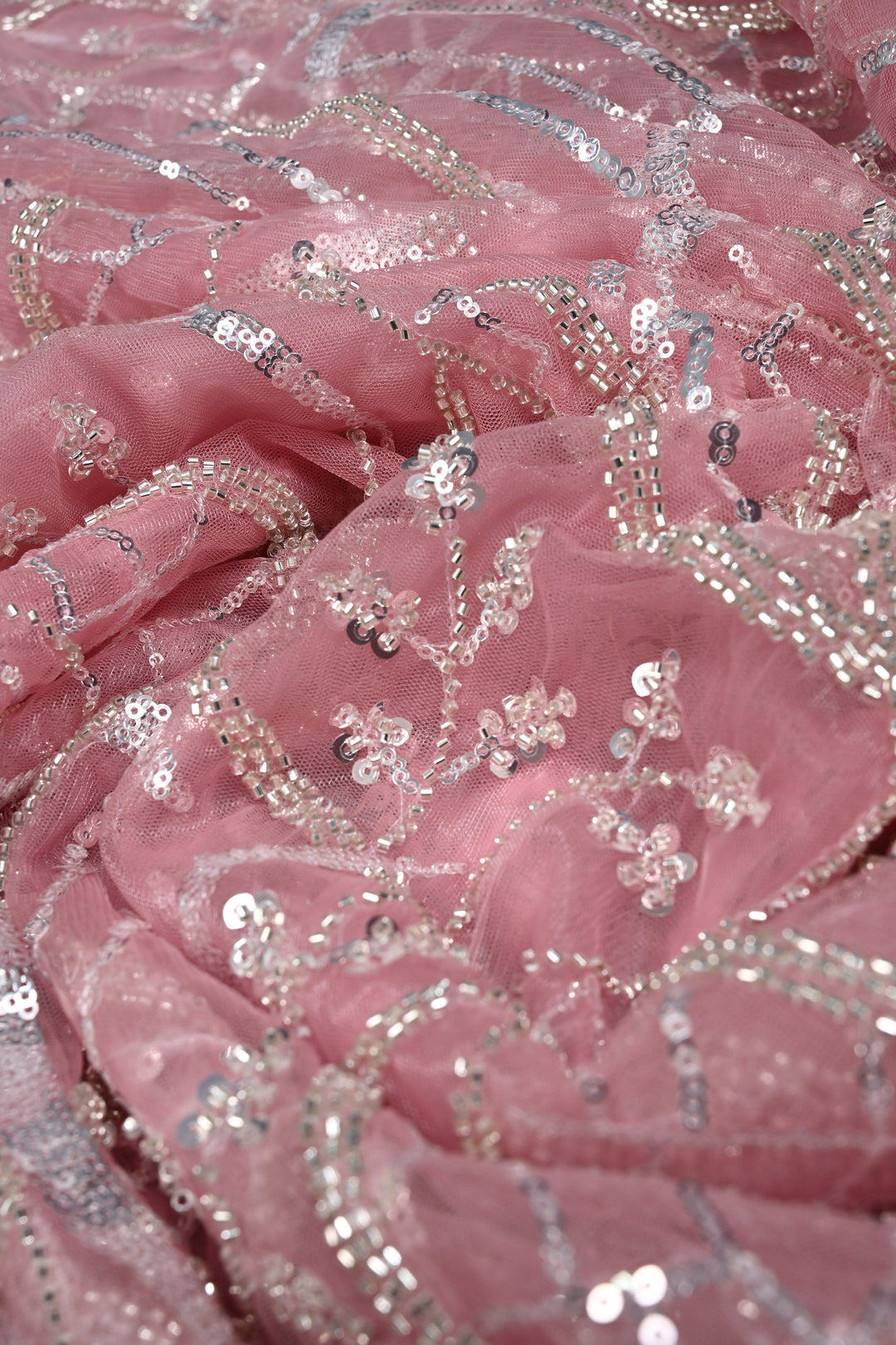 Pink  Sequins, Cutdana, on Net Saree with Scallop Border | Shobitam