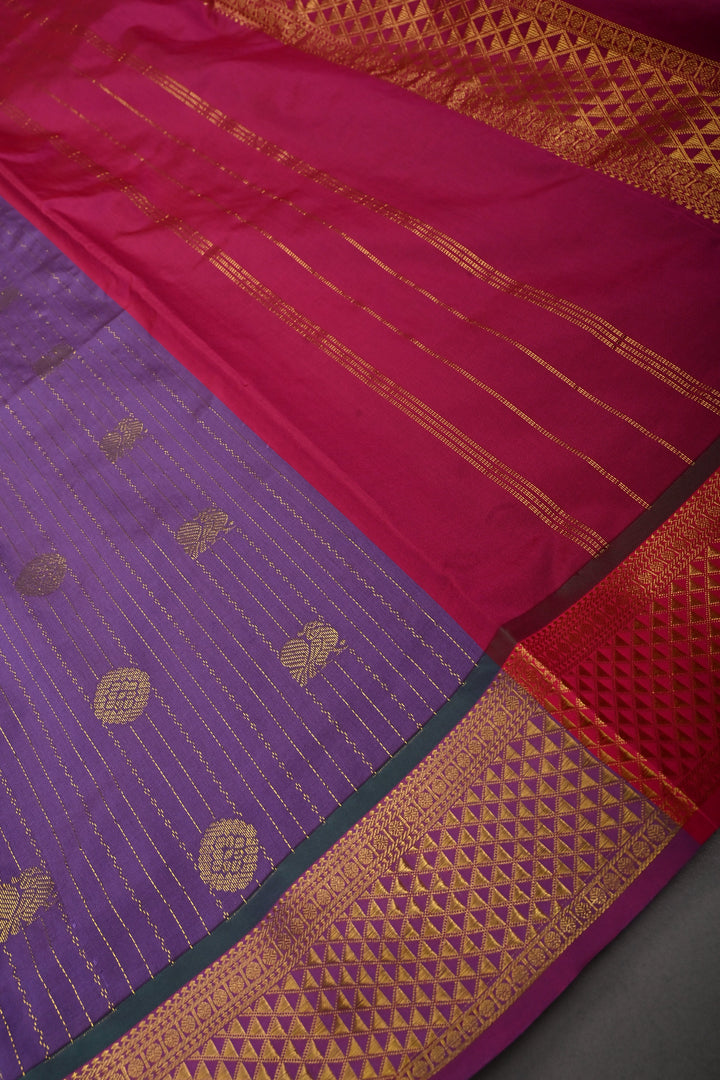 Dusty Purple Vertical Zari Stripes on 9 Yards Madisar Kanjivaram Soft Semi Silk Saree with Zari Buttas and Contrast Zari Border | SHOBITAM