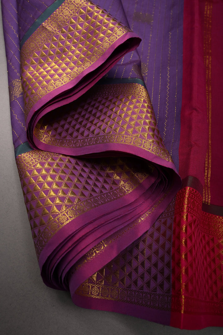 Dusty Purple Vertical Zari Stripes on 9 Yards Madisar Kanjivaram Soft Semi Silk Saree with Zari Buttas and Contrast Zari Border | SHOBITAM