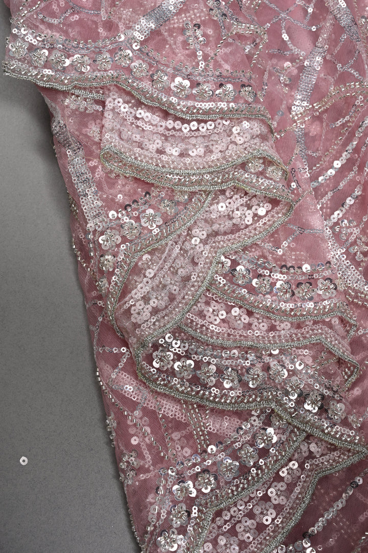 Pink  Sequins, Cutdana, on Net Saree with Scallop Border | Shobitam