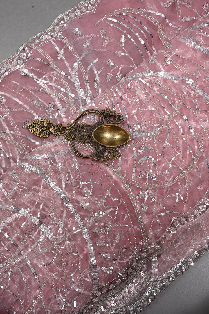 Pink  Sequins, Cutdana, on Net Saree with Scallop Border | Shobitam