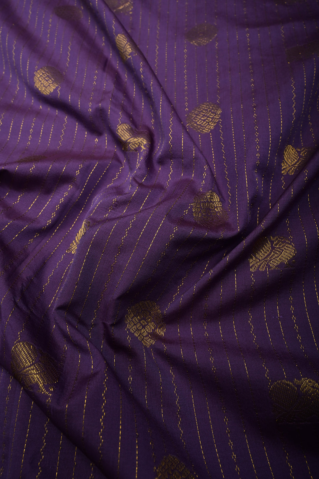 Dusty Purple Vertical Zari Stripes on 9 Yards Madisar Kanjivaram Soft Semi Silk Saree with Zari Buttas and Contrast Zari Border | SHOBITAM