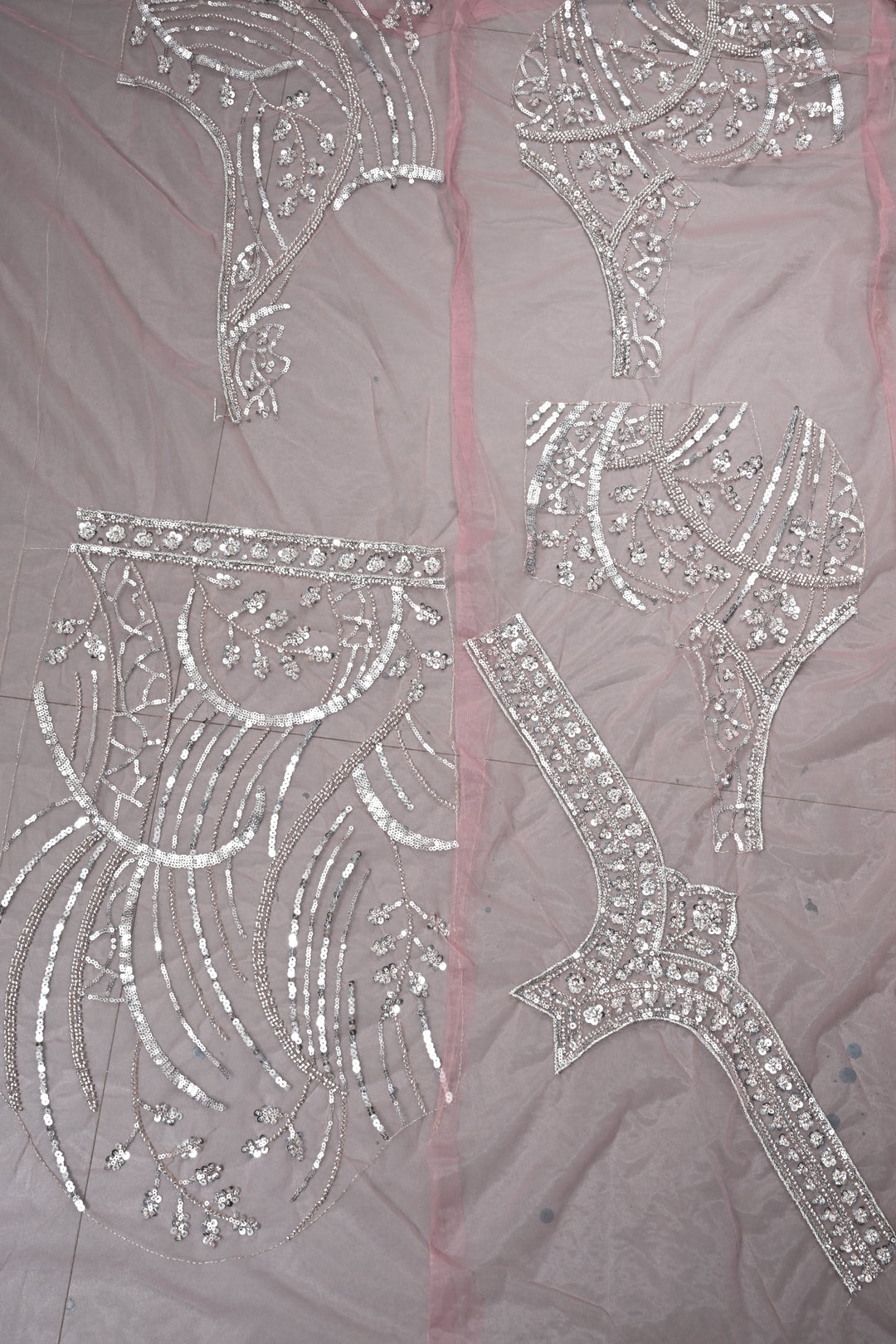 Pink  Sequins, Cutdana, on Net Saree with Scallop Border | Shobitam
