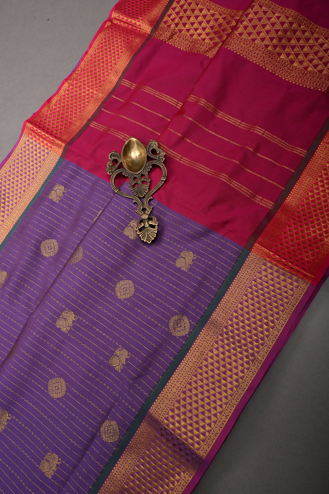 Dusty Purple Vertical Zari Stripes on 9 Yards Madisar Kanjivaram Soft Semi Silk Saree with Zari Buttas and Contrast Zari Border | SHOBITAM