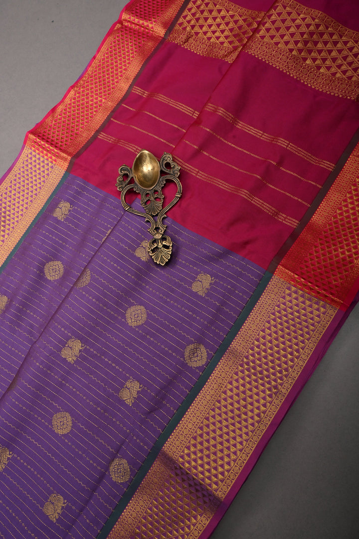 Dusty Purple Vertical Zari Stripes on 9 Yards Madisar Kanjivaram Soft Semi Silk Saree with Zari Buttas and Contrast Zari Border | SHOBITAM