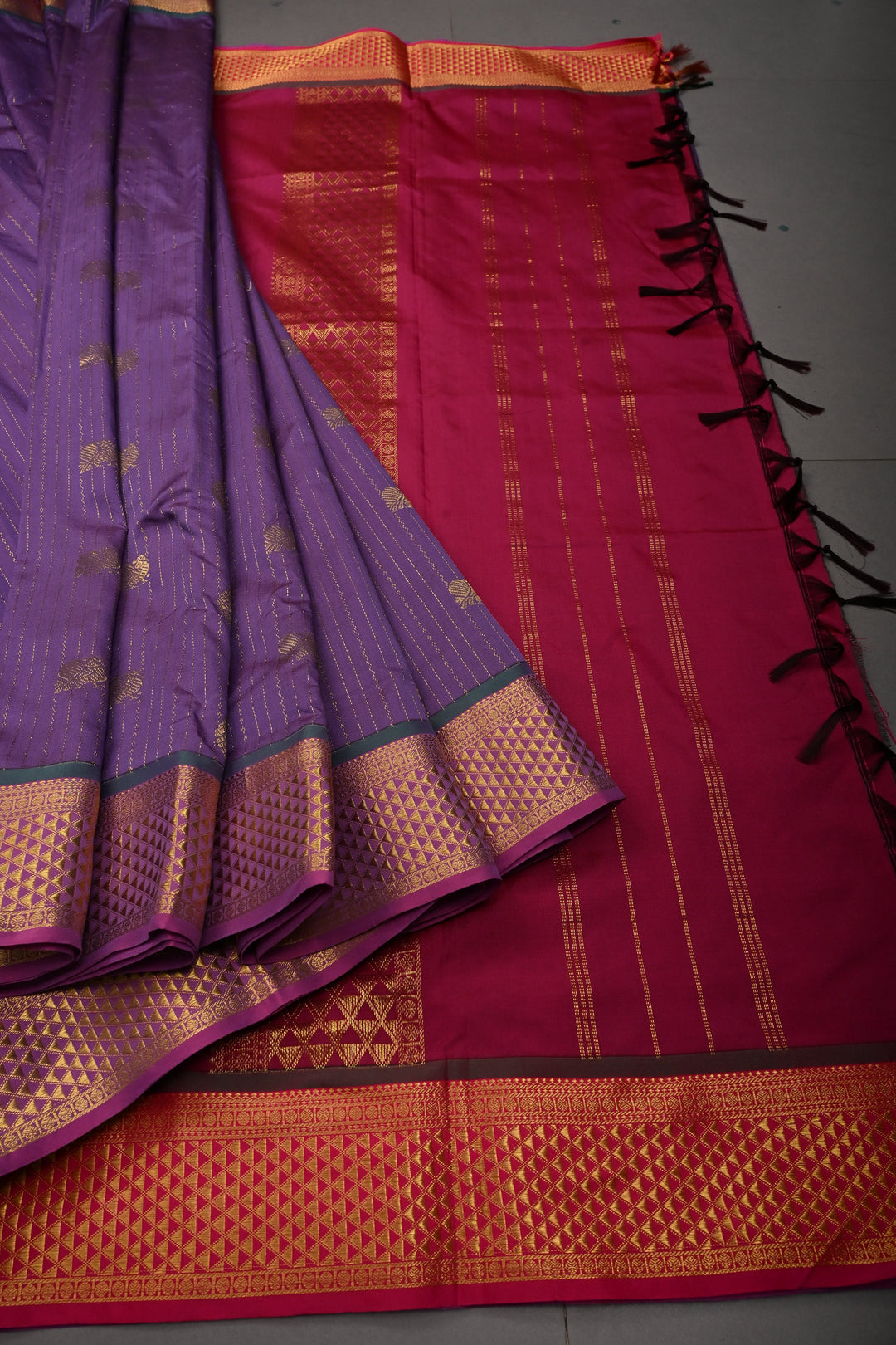 Dusty Purple Vertical Zari Stripes on 9 Yards Madisar Kanjivaram Soft Semi Silk Saree with Zari Buttas and Contrast Zari Border | SHOBITAM