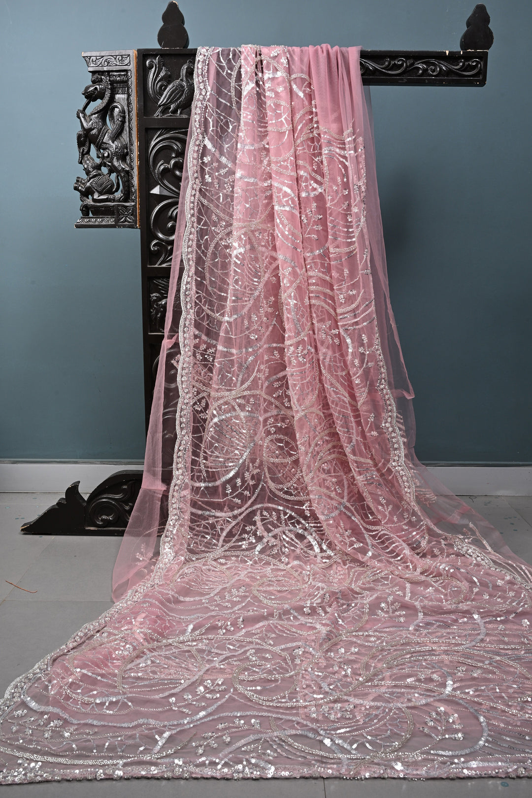 Pink  Sequins, Cutdana, on Net Saree with Scallop Border | Shobitam