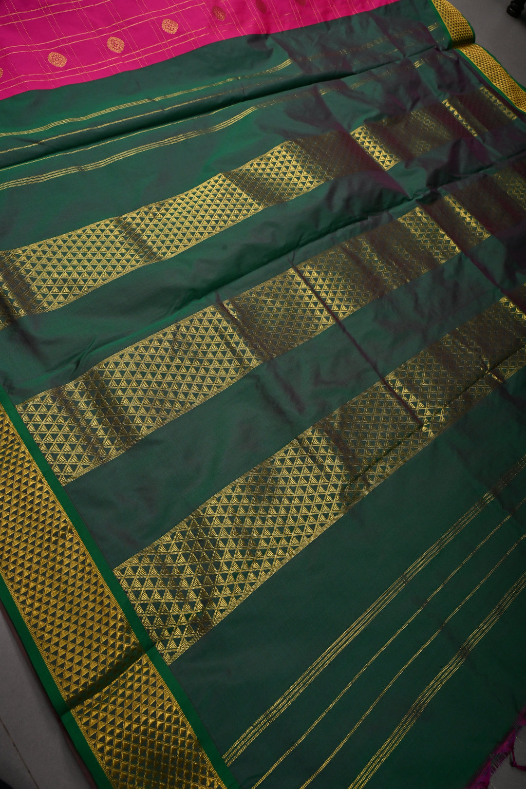 Deep Pink Zari Checks on 9 Yards Madisar Kanjivaram Soft Semi Silk Saree with Zari Buttas and Zari Border | SHOBITAM
