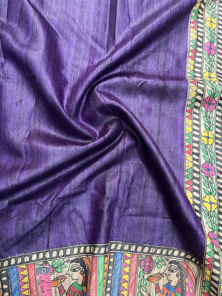 Egg Plant Purple Madhubani hand painted on Geecha Tussar Silk Saree With Border | SILK MARK CERTIFIED | SHOBITAM