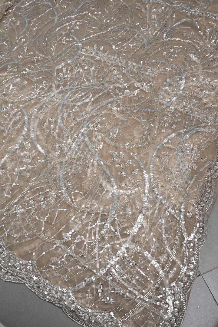Champagne Swirling Sequins, Cutdana Embellishment on Net Saree with Scallop Border | SHOBITAM
