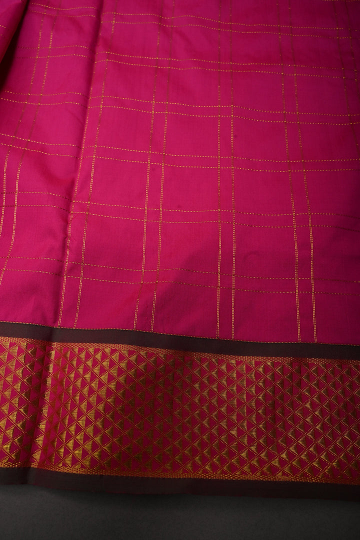 Deep Pink Zari Checks on 9 Yards Madisar Kanjivaram Soft Semi Silk Saree with Zari Buttas and Zari Border | SHOBITAM