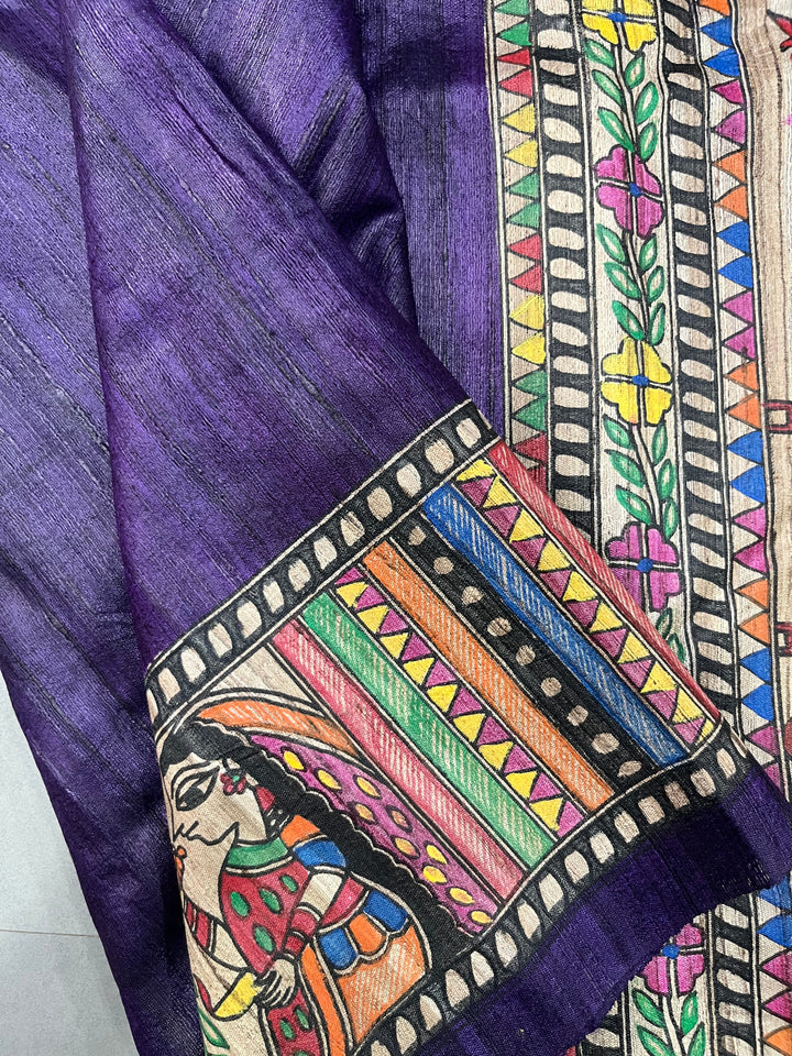 Egg Plant Purple Madhubani hand painted on Geecha Tussar Silk Saree With Border | SILK MARK CERTIFIED | SHOBITAM