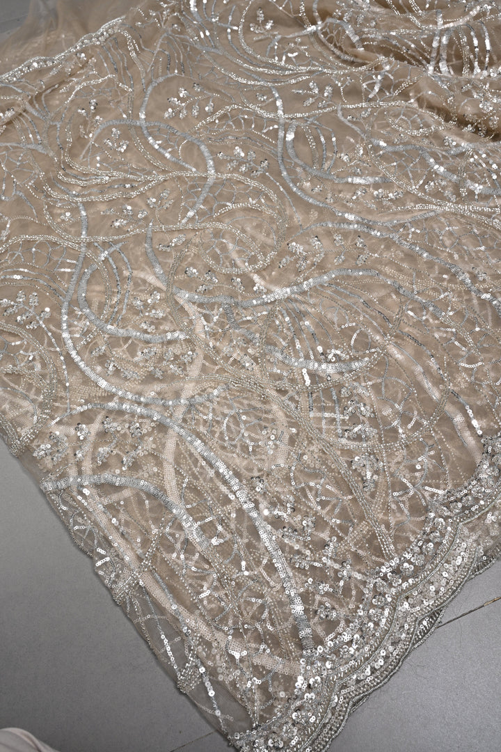 Champagne Swirling Sequins, Cutdana Embellishment on Net Saree with Scallop Border | SHOBITAM