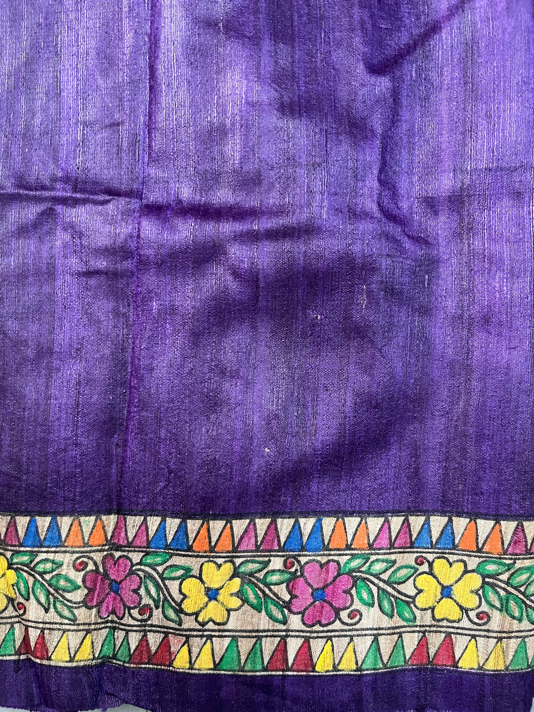 Egg Plant Purple Madhubani hand painted on Geecha Tussar Silk Saree With Border | SILK MARK CERTIFIED | SHOBITAM