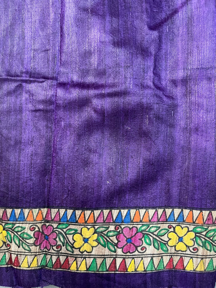 Egg Plant Purple Madhubani hand painted on Geecha Tussar Silk Saree With Border | SILK MARK CERTIFIED | SHOBITAM