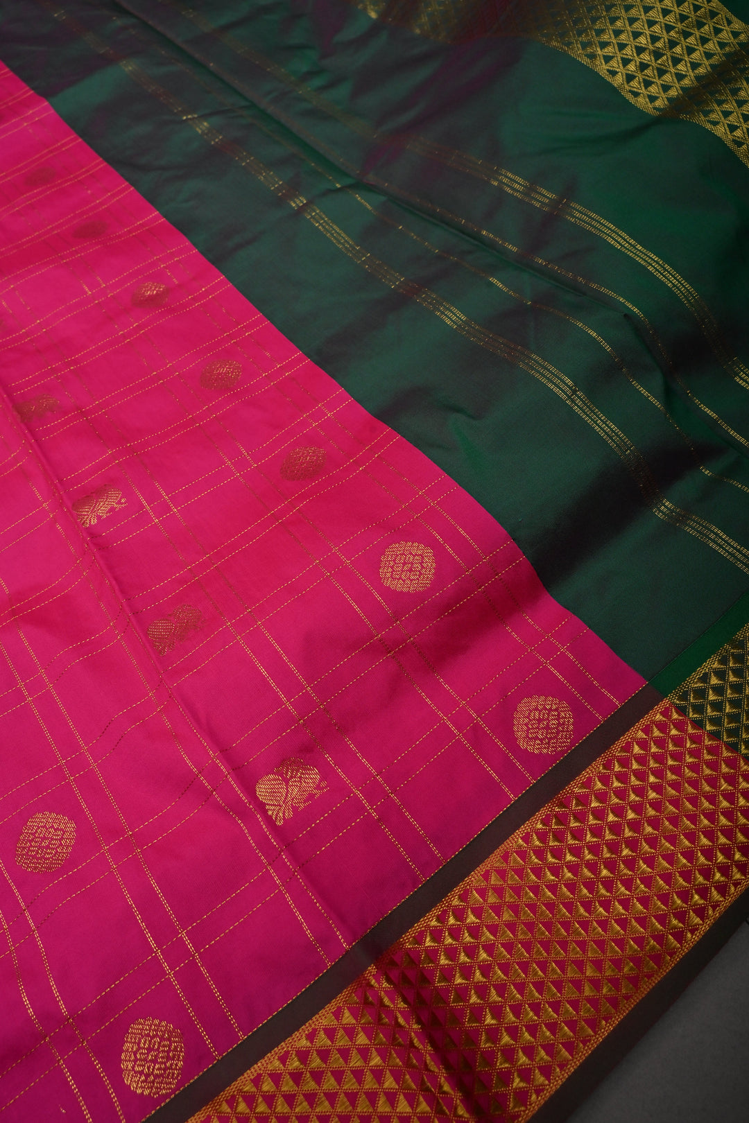 Deep Pink Zari Checks on 9 Yards Madisar Kanjivaram Soft Semi Silk Saree with Zari Buttas and Zari Border | SHOBITAM