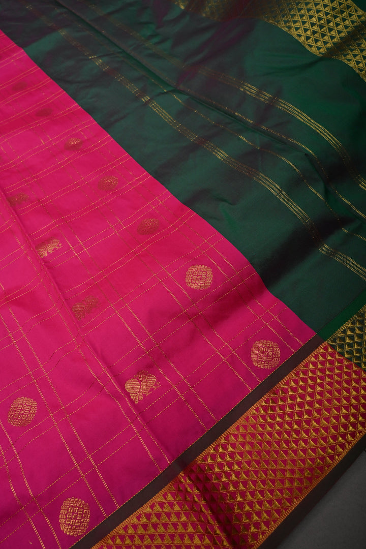 Deep Pink Zari Checks on 9 Yards Madisar Kanjivaram Soft Semi Silk Saree with Zari Buttas and Zari Border | SHOBITAM