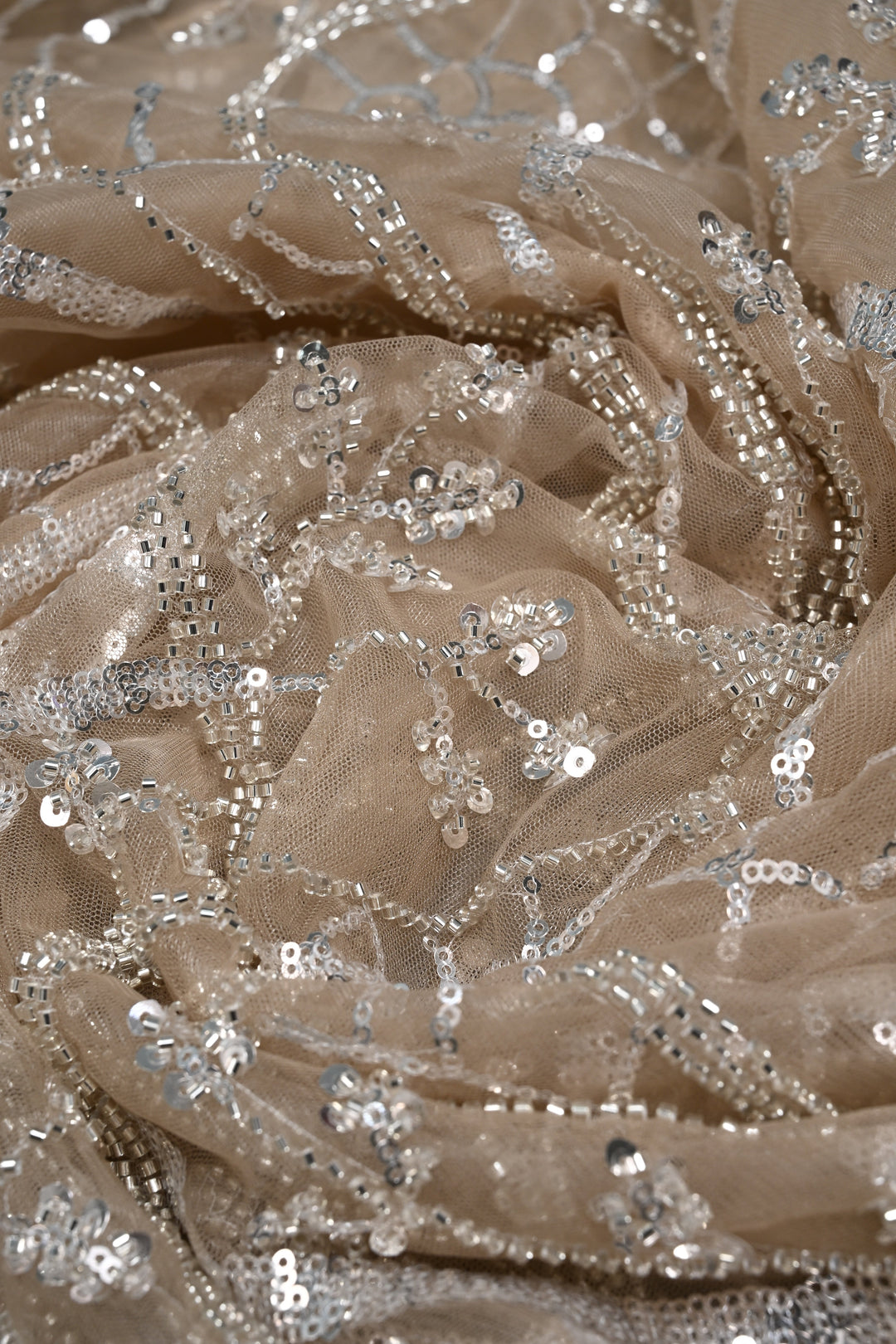 Champagne Swirling Sequins, Cutdana Embellishment on Net Saree with Scallop Border | SHOBITAM