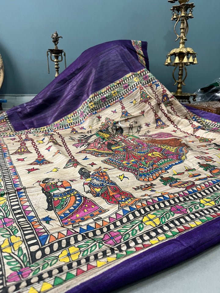 Egg Plant Purple Madhubani hand painted on Geecha Tussar Silk Saree With Border | SILK MARK CERTIFIED | SHOBITAM