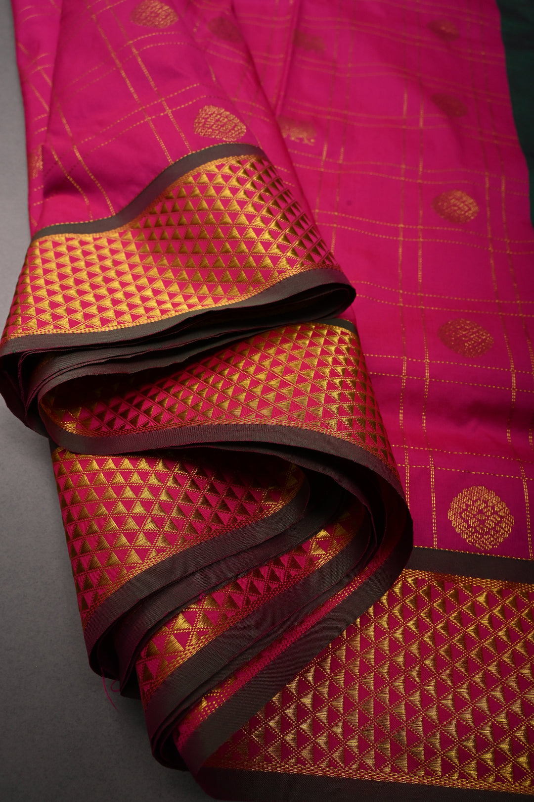 Deep Pink Zari Checks on 9 Yards Madisar Kanjivaram Soft Semi Silk Saree with Zari Buttas and Zari Border | SHOBITAM