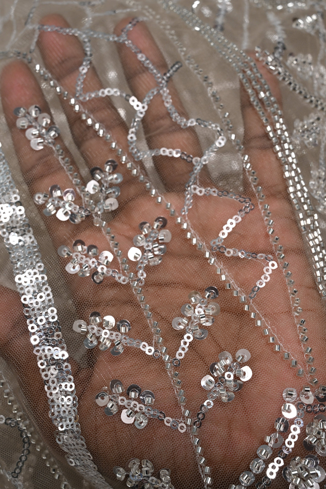 Champagne Swirling Sequins, Cutdana Embellishment on Net Saree with Scallop Border | SHOBITAM