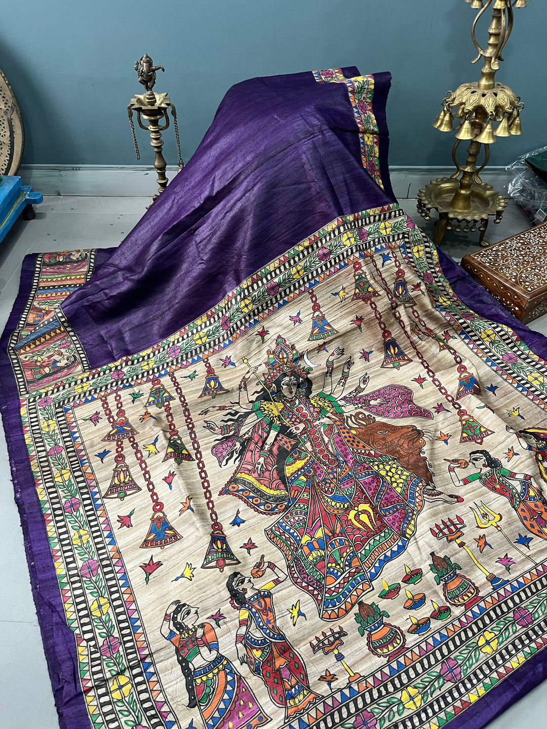 Egg Plant Purple Madhubani hand painted on Geecha Tussar Silk Saree With Border | SILK MARK CERTIFIED | SHOBITAM