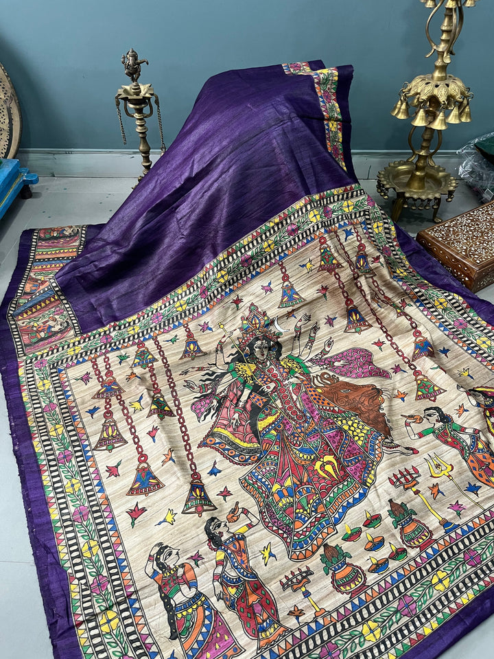Egg Plant Purple Madhubani hand painted on Geecha Tussar Silk Saree With Border | SILK MARK CERTIFIED | SHOBITAM